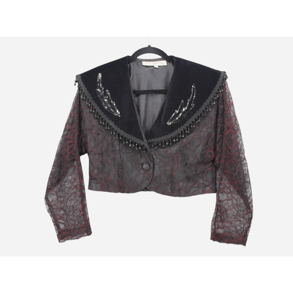Sue Wong Vintage Black Burgundy Lace Velvet Bolero Jacket Sequin Beaded Fringe M